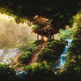 Temple suspendu entre deux terres dans une jungle fantastique