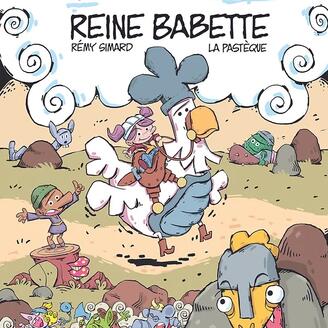 Illustration d’une fille avec une culotte sur la tête, qui se déplace à dos de poule.