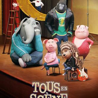 Six animaux sur une scène de théâtre, un éléphant, une madame et un monsieur cochon, un porc-épique, un gorille et un koala.