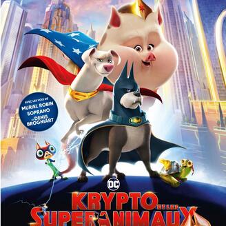 Trois chiens personnifiant des super héros comme Batman, Wonder-Woman et surhomme se tiennent fièrement devant les gratte-ciel d'un centre-ville.