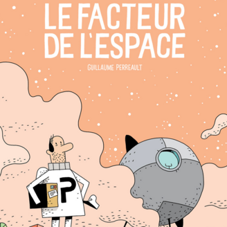 Un facteur en combinaison spatial, un paquet sous le bras, à côté de son vaisseau.