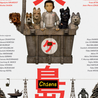Un garçon et cinq chiens dans un téléphérique, qui surplombent un dépotoir. L'iconographie est japonaise.