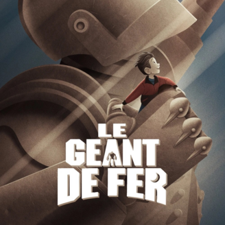 Un robot géant de style rétro-futuriste tient un garçon dans son poing. Ils semblent voler vers le ciel.