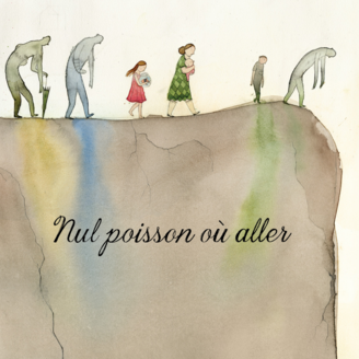 Trois ombres ainsi qu'une mère et ses trois enfants se dirigent vers un précipice.