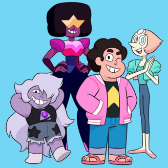 Trois femmes fantastiques encadrent Steven. L'une à la peau et les cheveux mauve, l'autre à une armure rose et la dernières à d'immenses yeux. Steven est un jeun homme en sandale jean et blouson rose.
