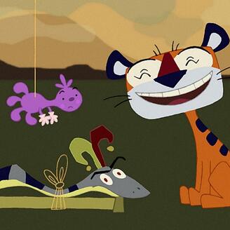 Illustration d’un tigre souriant, d'une araignée mauve et d'un serpent avec un chapeau de fou du roi. 
