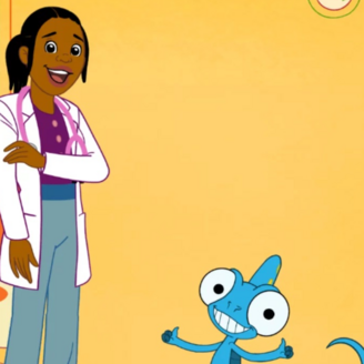 Une médecin et un lézard bleu nous regardent dans les yeux en souriant.