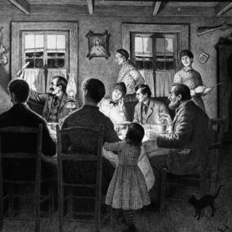 Illustration en noir et blanc d'un réveillon de Noël avec une famille à table