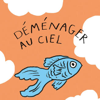 Un poisson bleu vole dans un ciel orange.