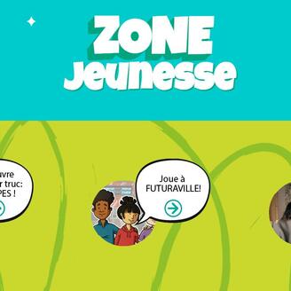 Bandeau de site web. Le fond de l'image est bleu-turquoise et vert et l'on peut y lire « Zone Jeunesse ».