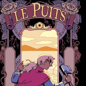 Illustration d'une personne avec les cheveux longs, une cape et une hache devant un décor évoquant un puits, un dragon et une pièce de monnaie. 