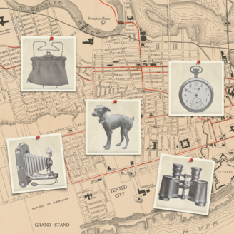 Photomontage d’objets perdus sur le plan du Tramway de la Ville de Québec