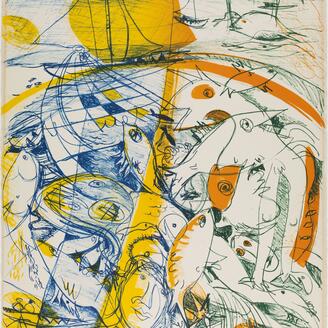 Dessin abstrait de poissons dans un filet en mer.