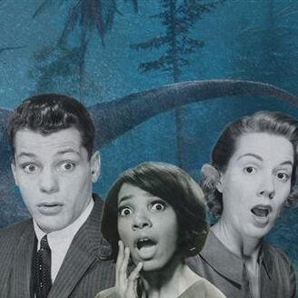 Montage photo de personnages avec un dinosaure en arrière-plan.