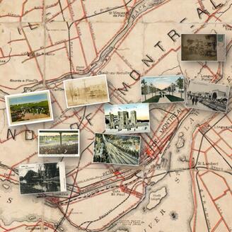 Plan figuratif de lieux disparus sur l’île de Montréal (carte des pistes cyclables et cartes postales).