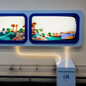 Deux écrans montrent un paysage imaginaire.