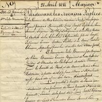 Acte de notaire manuscrit datant de 1818 documentant le contrat de mariage de Louis-Joseph Papineau et Rosalie Cherrier