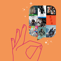 Illustration montrant une main qui tient une bulle contenant des pochettes de disques, affiches de films et jeux vidéo.