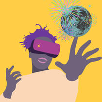 Illustration : une personne portant un casque de réalité virtuelle tend la main vers une sphère.