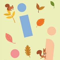 Illustration composée d'écureuils, de glands, de feuilles et de diverses formes abstraites. 