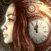 Image d'une horloge antique avec le mécanisme autour et un profil de jeune fille blanche https://pixabay.com/fr/illustrations/fantaisie-portrait-horloge-temps-5536019/avec cheveux longs bruns au milieu 