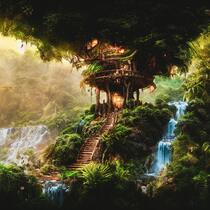 Temple suspendu entre deux terres dans une jungle fantastique