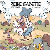Illustration d’une fille avec une culotte sur la tête, qui se déplace à dos de poule.