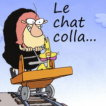 Illustration d’un homme et un chat sur une draisine.