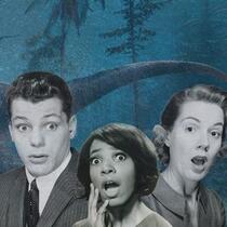 Montage photo de personnages avec un dinosaure en arrière-plan.