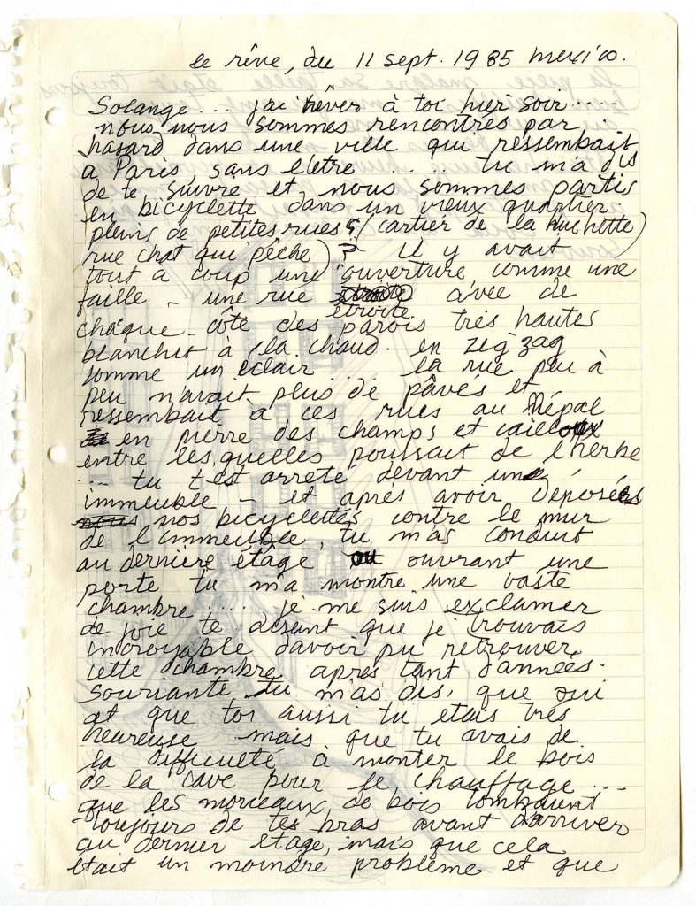 Texte d’Alan Glass dans lequel il dit avoir rêvé de Solange Legendre (p. 1), 11 septembre 1985.