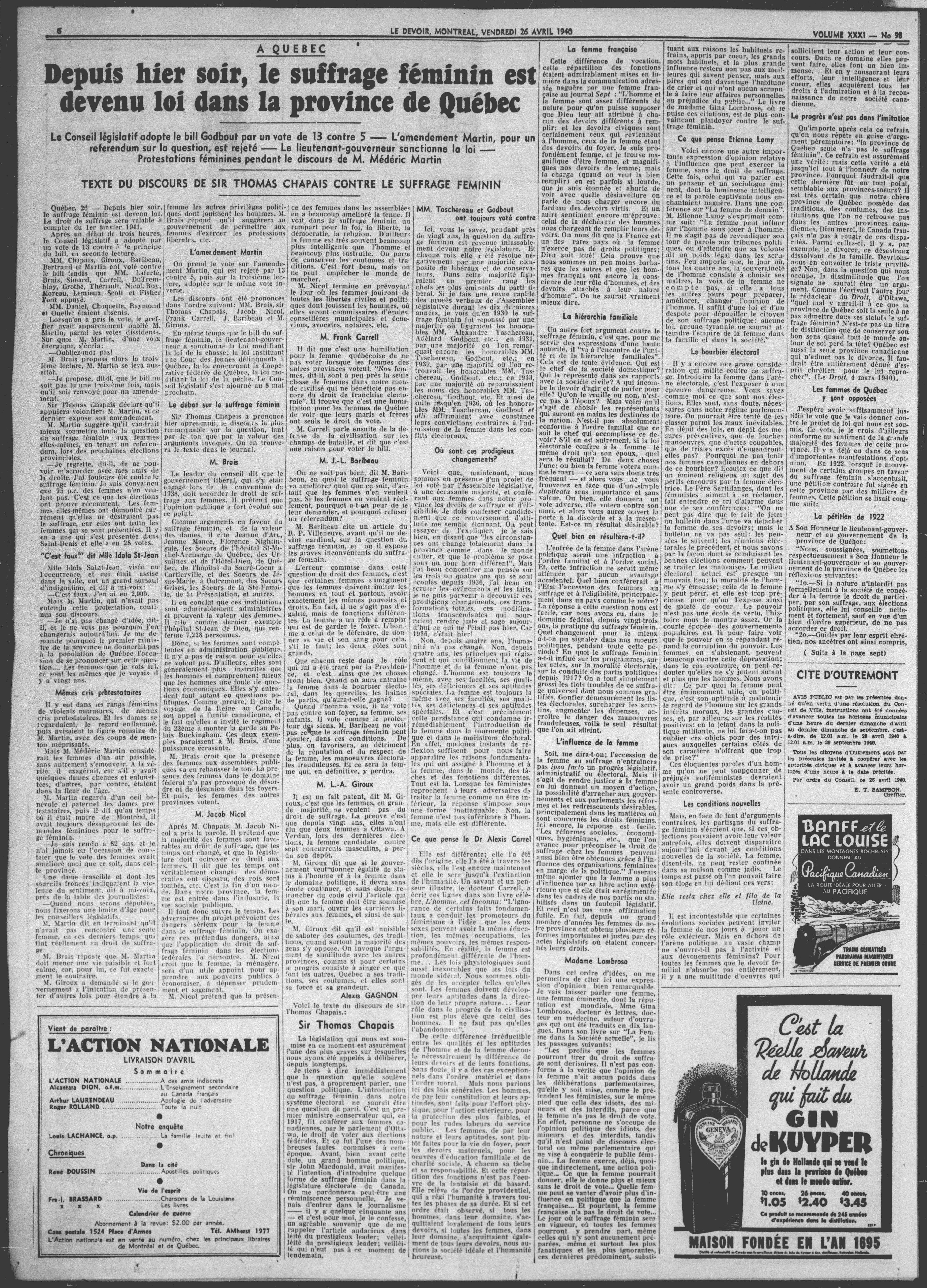 Article de journal annonçant que le suffrage féminin est devenu loi