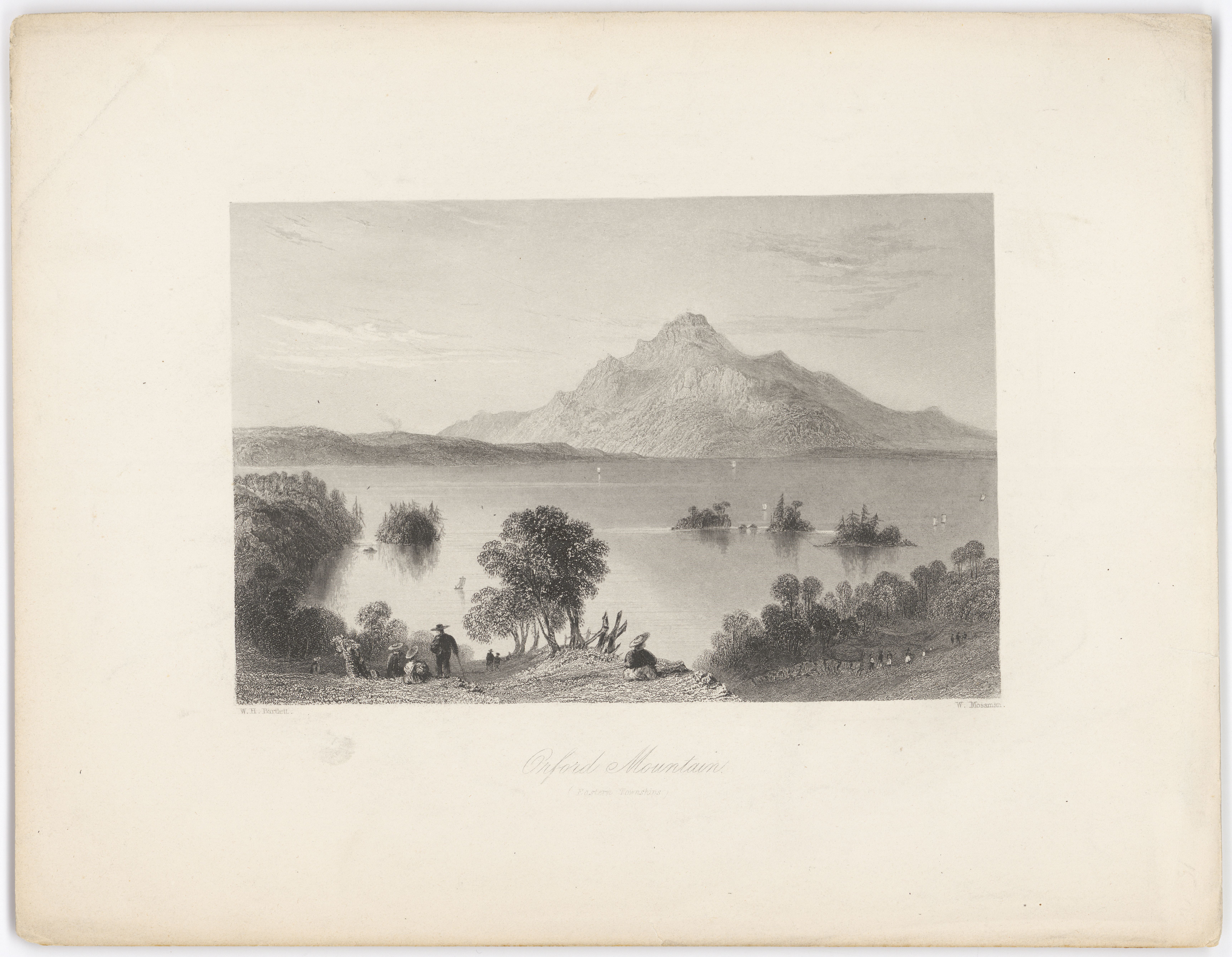 Gravure du mont Orford. Une montagne surplombe un grand lac.