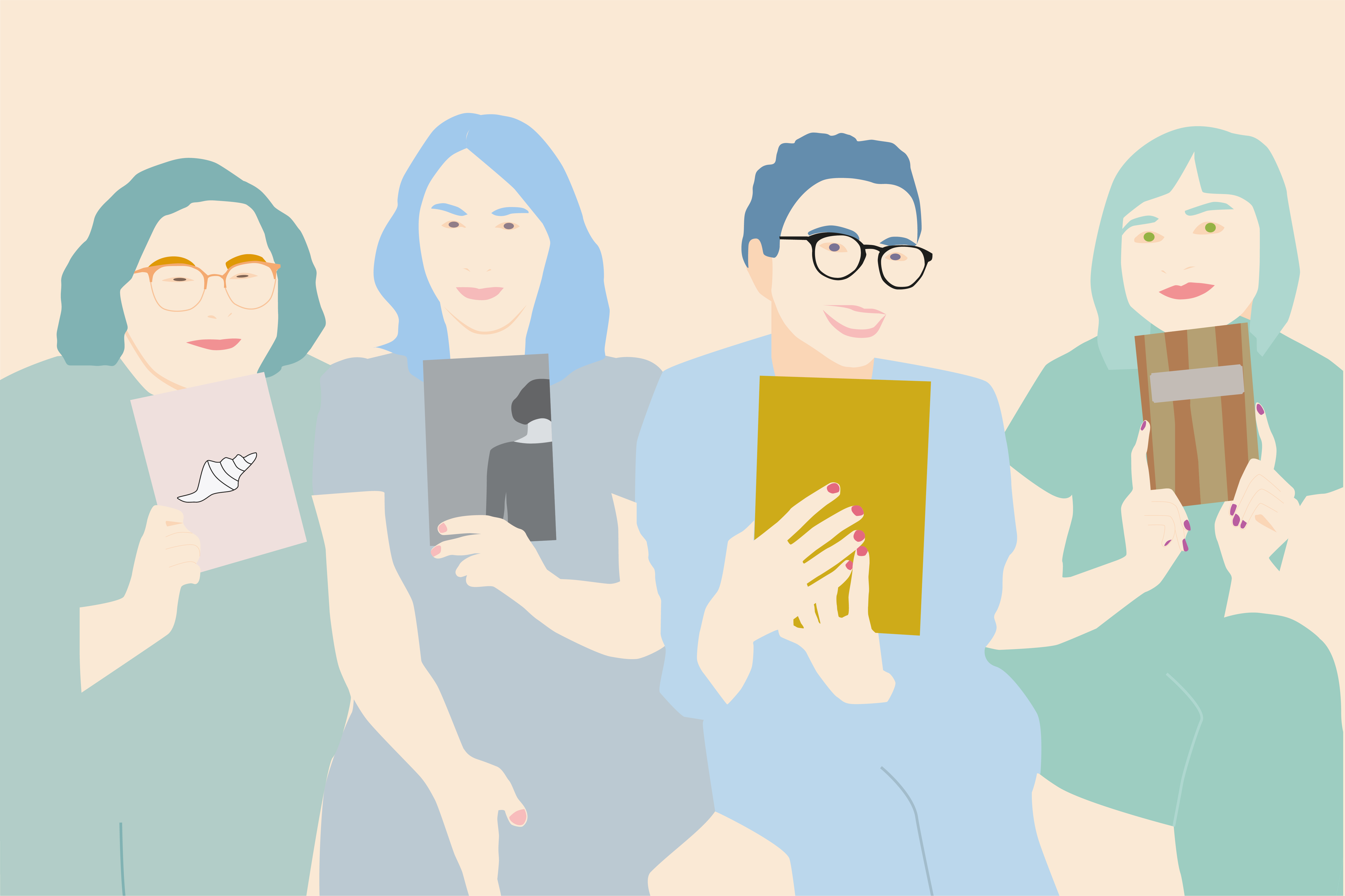 Illustration des 4 bibliothécaires derrière le balado "Signets au féminin"