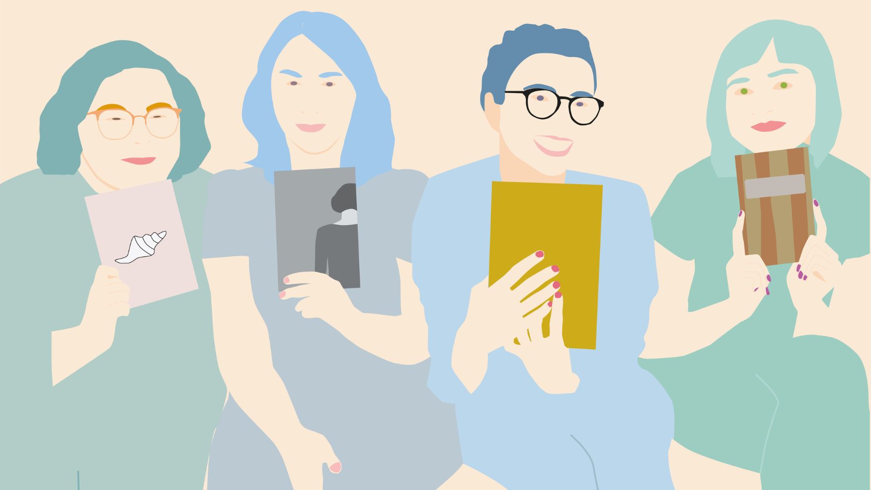 Illustration des 4 bibliothécaires derrière le balado "Signets au féminin"