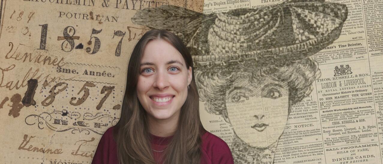 Montage de documents anciens, sur lequel est superposée une photo d'Anne-Marie Boisvert