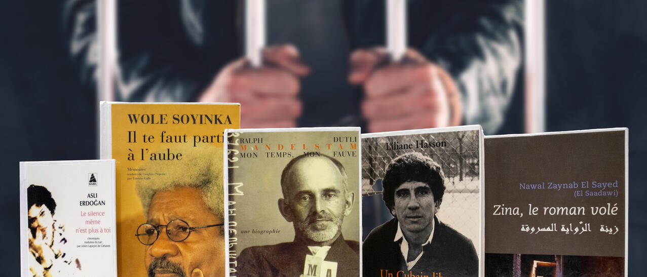 Livres devant des barreaux de prison.
